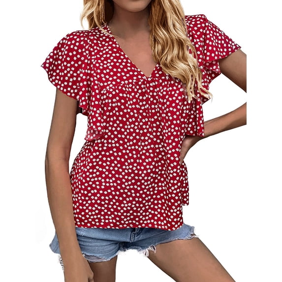 Hanerdun Womens Floral Blouses Shirts Ruffle Short Sleeve V-Neck Casual Tunic Tops Red XL