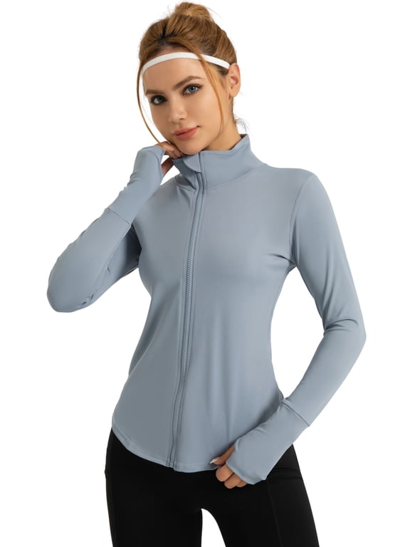 Womens Athletic Jackets with Thumb Holes Zip Quick Dry Long Sleeve for Workout Yoga Running Blue S