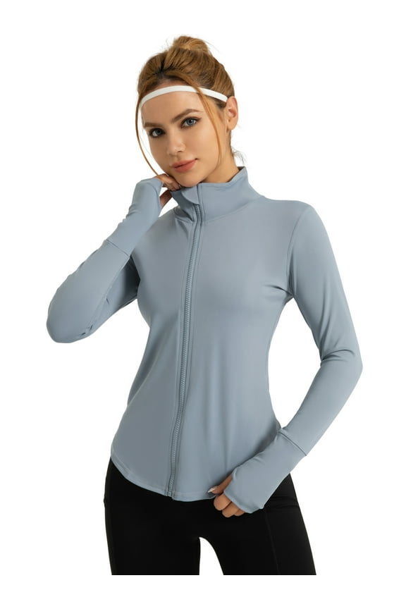 Womens Athletic Jackets with Thumb Holes Workout Yoga Full Zipper Jacekt Slim Fit Blue S
