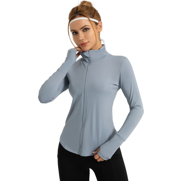 Hanerdun Womens Athletic Jackets with Thumb Holes Zip Quick Dry Long Sleeve for Workout Yoga Running Blue S