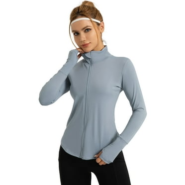 Hanerdun Womens Long Sleeve Workout Athletic Jacekts Quick Dry Yoga Coat Solid Zip Activewear Blue S
