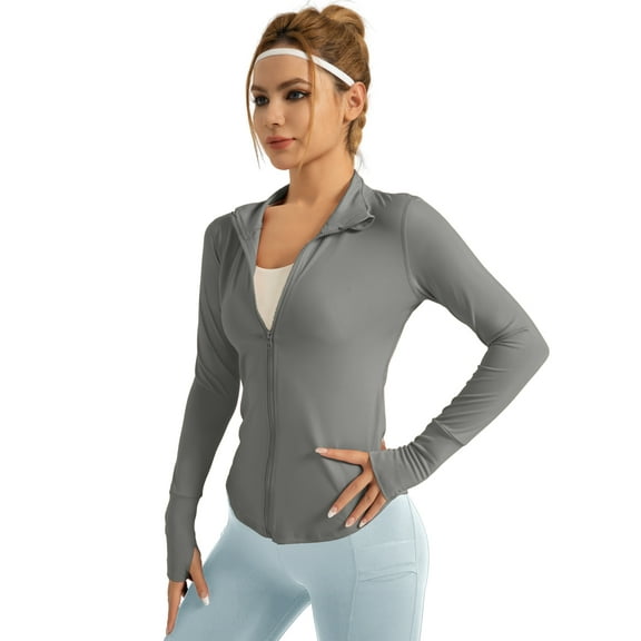 Hanerdun Womens Long Sleeve Workout Athletic Jacekts Quick Dry Yoga Coat Solid Zip Activewear Gray S