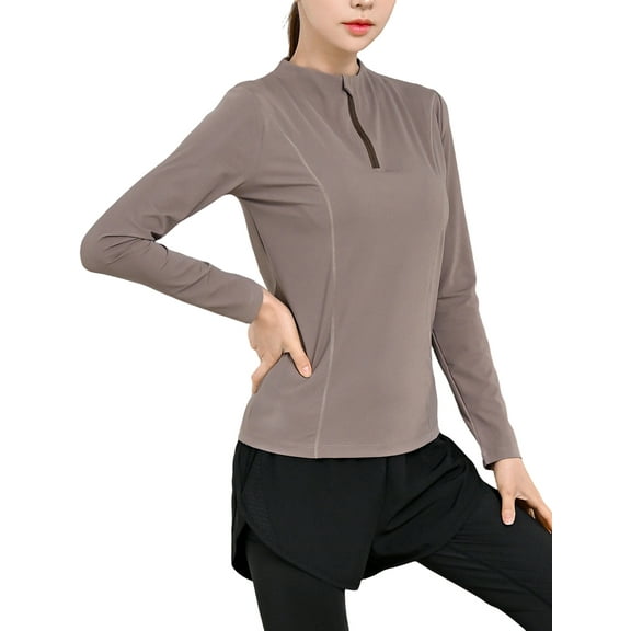 Hanerdun Womens Workout Athletic Shirts 1/4 Zip Pullover Yoga Tops Long Sleeve Slim Fit Brown L