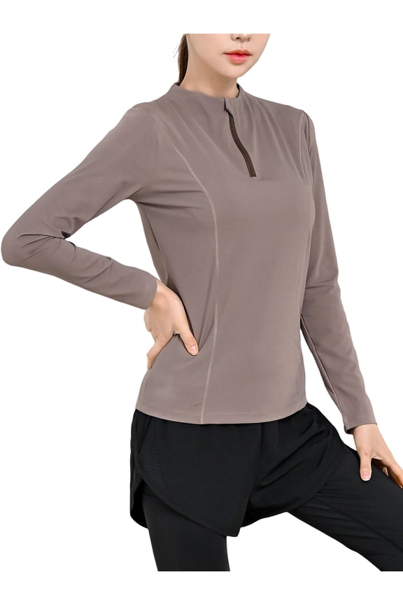 Womens Workout Athletic Shirts 1/4 Zip Pullover Yoga Tops Long Sleeve Slim Fit Brown M