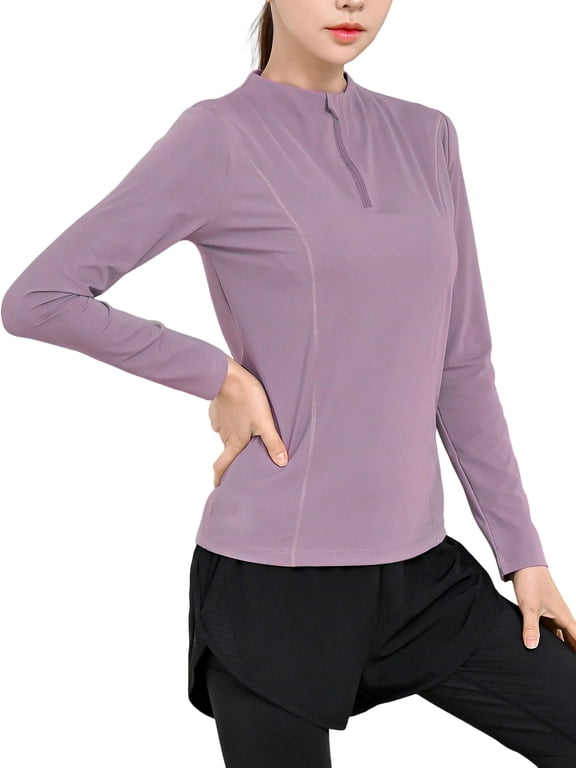 Womens Workout Athletic Shirts 1/4 Zip Pullover Yoga Tops Long Sleeve Slim Fit Purple XL