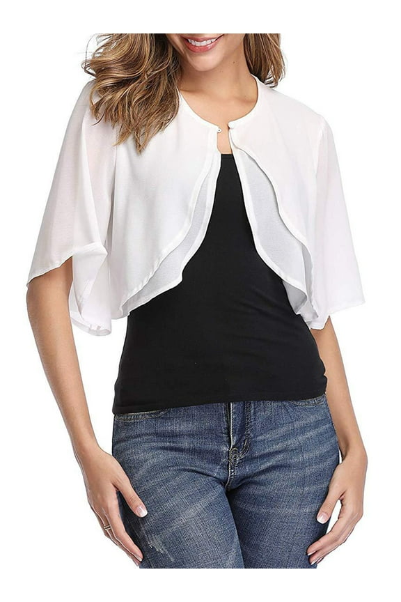 Womens Chiffon Cropped Cardigan 3/4 Sleeve Casual Open Front Shrugs Sheer for Evening Dresses 2XL