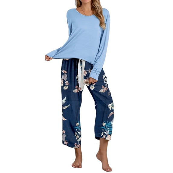 Hanerdun Womens Pajamas Set Female 2PCS Long Sleeve Printed Nightwear Blue 3XL
