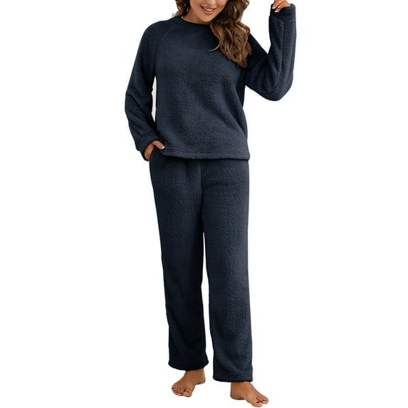 Hanerdun Womens Plush Pajamas Set Female 2PCS Long Sleeve Nightwear Navy Blue M