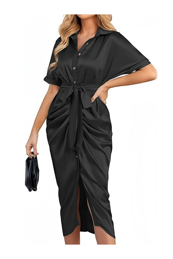 Womens Satin Shirt Dress Short Sleeve Ruched Party Wrap Dresses V Neck Button Down Maxi