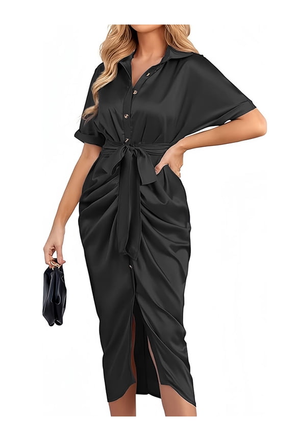 Womens Satin Shirt Dress Ruched Party Wrap Dresses Short Sleeve V Neck Button Down Maxi