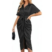 HANERDUN Womens Satin Button Down Dress V Neck Short Sleeve Ruched Party Wrap Maxi Dresses