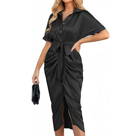Hanerdun Womens Satin Shirt Dress Short Sleeve Ruched Party Wrap Dresses V Neck Button Down Maxi