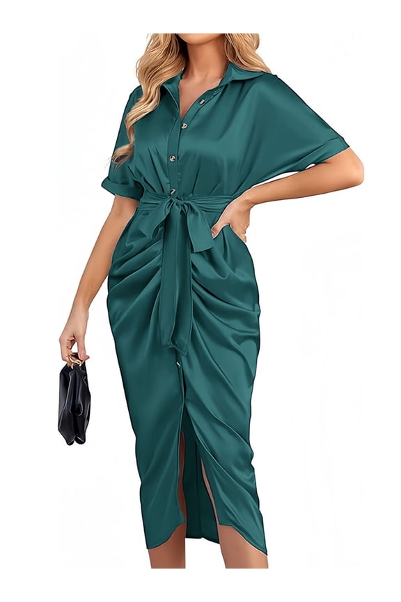 Womens Satin Shirt Dress Ruched Party Wrap Dresses Short Sleeve V Neck Button Down Maxi