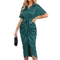 thumbnail image 1 of Hanerdun Womens Satin Shirt Dress Ruched Party Wrap Dresses Short Sleeve V Neck Button Down Maxi, 1 of 8
