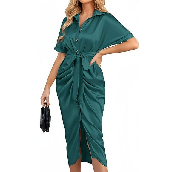 Hanerdun Womens Satin Shirt Dress Short Sleeve Ruched Party Wrap Dresses V Neck Button Down Maxi
