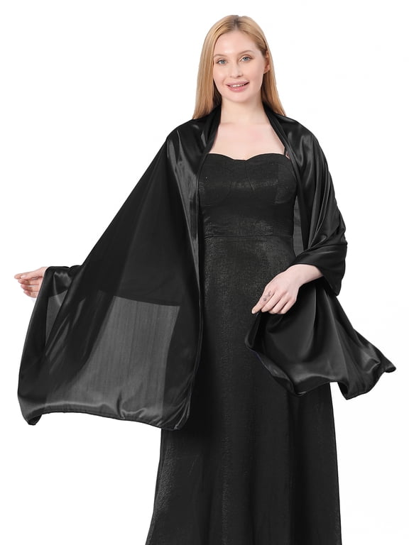 Womens Satin Shawl Wraps Soft Scarves Adult Solid Scarf for Bridal Evening Wedding Party Black