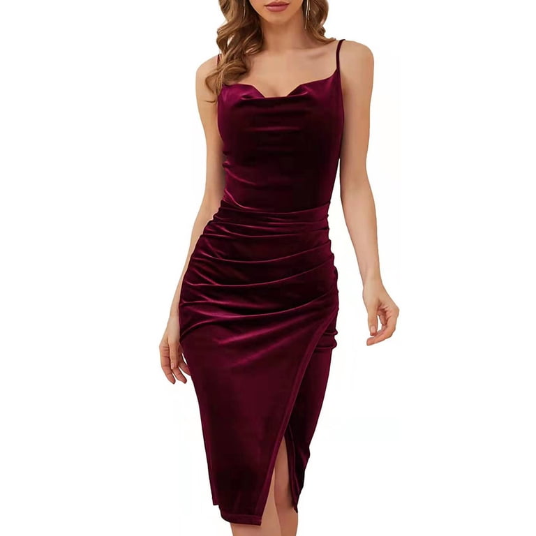 Hanerdun Womens Strap Velvet Dress Ruched Bodycon Midi Split Dress, Dark Red  L - Walmart.com
