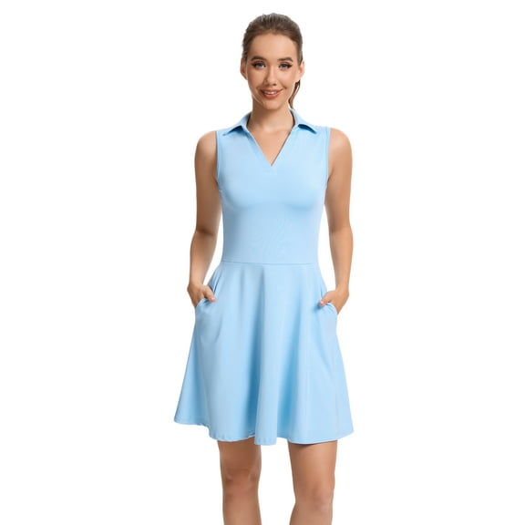 Hanerdun Womens Tennis Dress with Shorts & Pockets Sleeveless Athletic Golf Dress Activewear Blue M