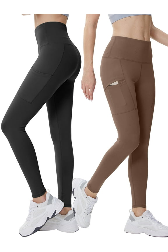 Yoga Pants for Women Workout Leggings with Pockets Ankle High Waist Bottoms Black/Brown S