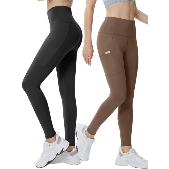 Hanerdun Yoga Pants for Women Workout Leggings with Pockets Ankle High Waist Bottoms Black/Brown XL