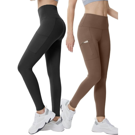 Hanerdun Yoga Pants for Women Workout Leggings with Pockets Ankle High Waist Bottoms Black/Brown XL