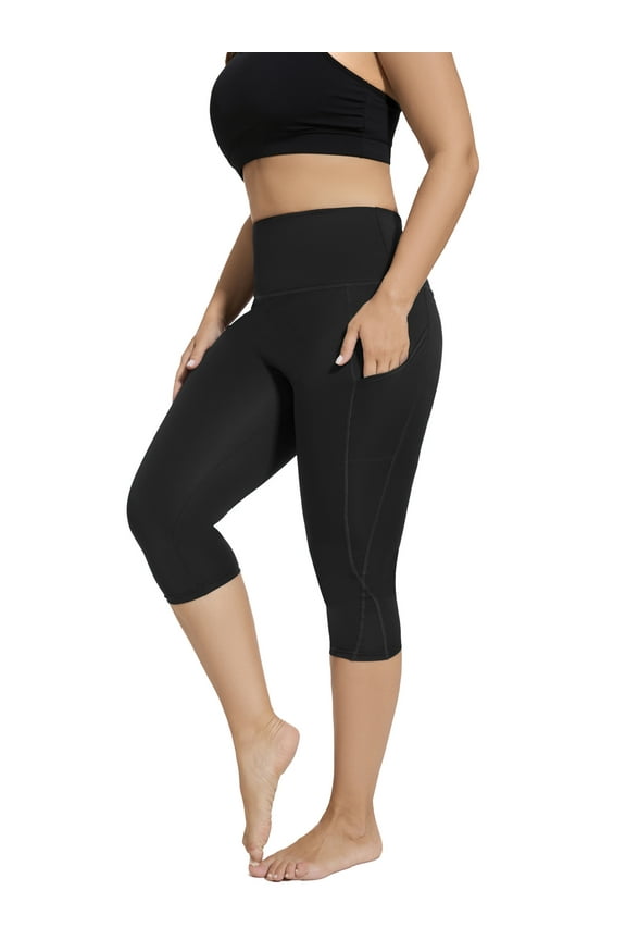 Womens Yoga Pants High Waist Pocket Capri Workout Leggings Running Bottom Activewear Black L
