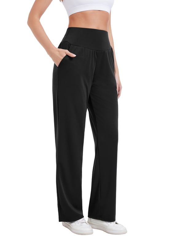 Womens Yoga Pants Bottoms with Pockets Wide Leg High Waist Workout Activewear Black S