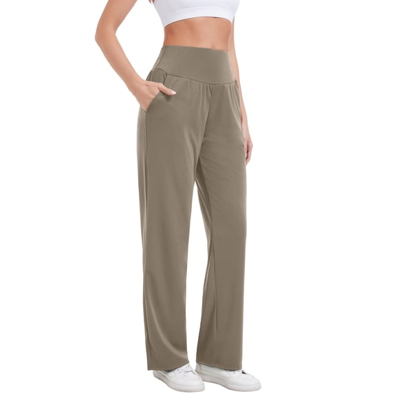 Hanerdun Womens Yoga Pants Wide Leg Workout Leggings High Waist Bottoms with Pockets Activewear Khaki L