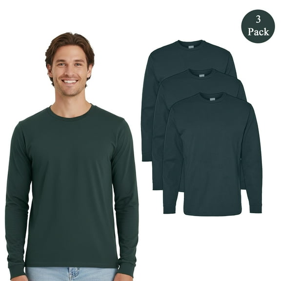 Hanes 3 Pack Essential Long Sleeve T-Shirt, Men's Crewneck Classic Athletic Dark Green Tee, S