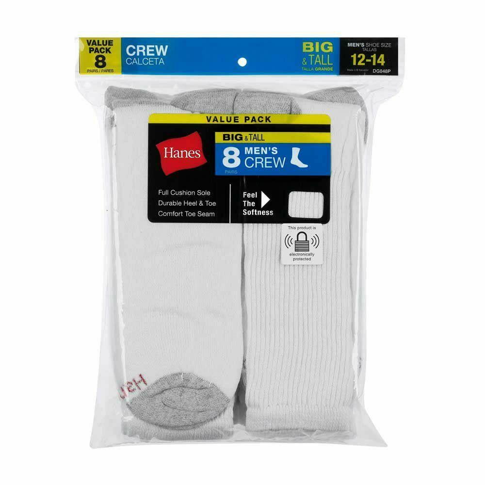 Hanes 8pack Men's Big & Tall Crew Socks Shoe Size 1214, White