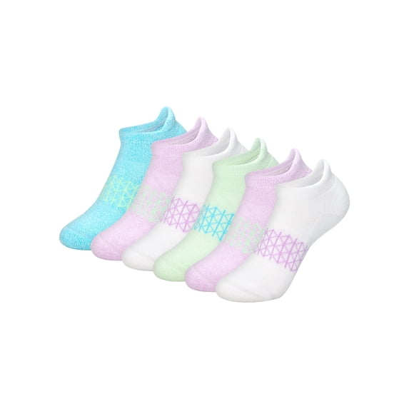 Hanes Absolute Active Girls' No Show Socks Pack, 6-Pack, Heel Shield, Extreme Cushioned Comfort Blue/Green S