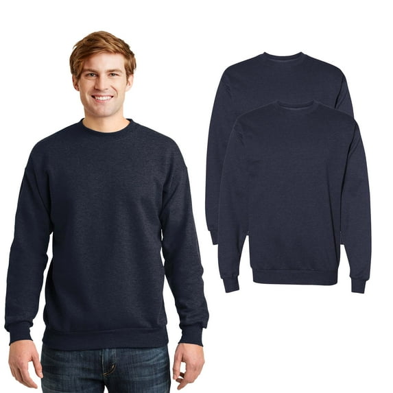 Hanes Adult Crewneck Sweatshirt Warm Ecosmart 50/50 US Grown Cotton/Polyester, Heather Navy, XL, Pack 2 | Pullover Fleece Sweatshirt, 7.8 oz