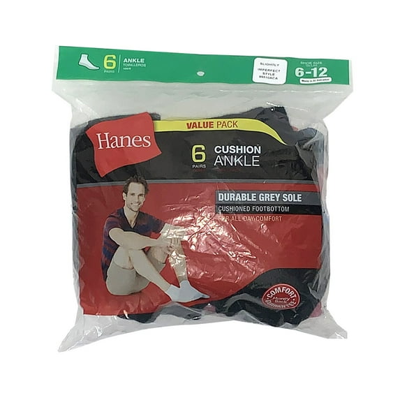Hanes Adult Mens 6 Pack Durable Cushioned Grey Heel Ankle Socks Black 10-13