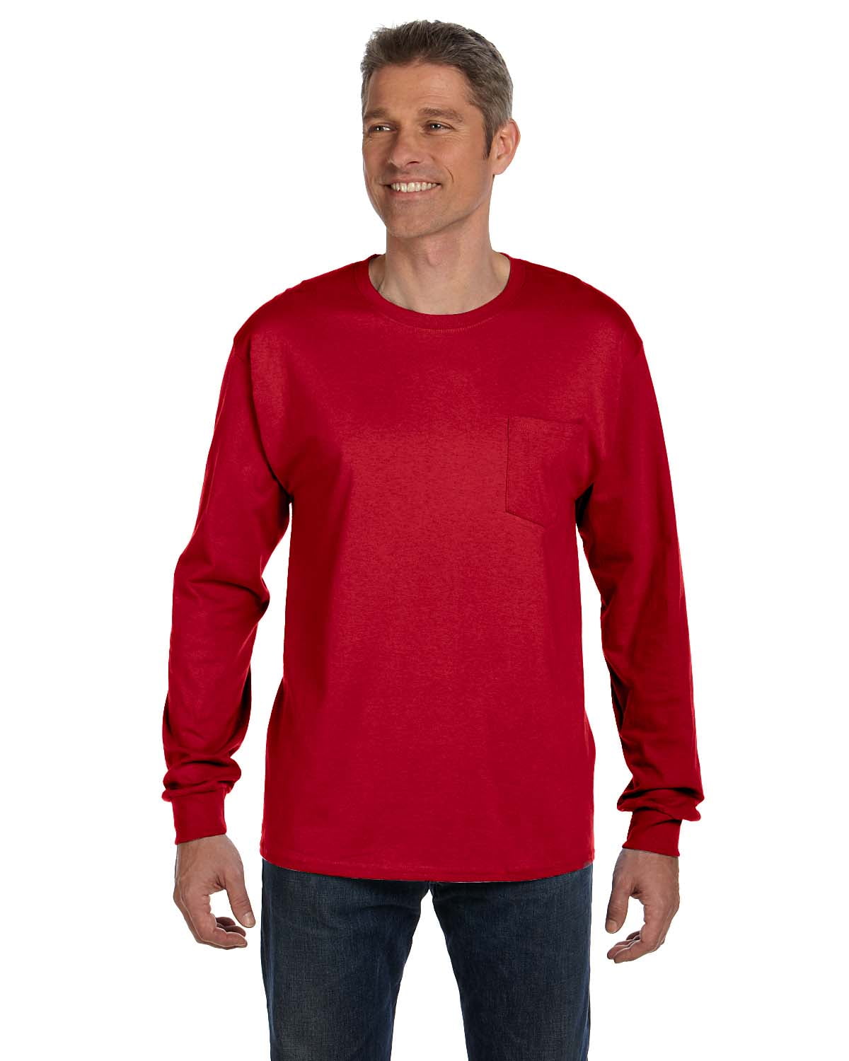 Hanes - Authentic Long Sleeve Pocket T-Shirt - 5596, Deep Red, S