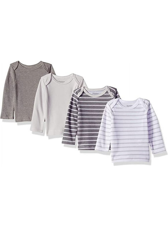 Hanes Baby Long Sleeve T-Shirt, Ultimate Flexy Knit Tee for Boys & Girls, 4-Pack, Grey/White/Stripes, 12-18 Months