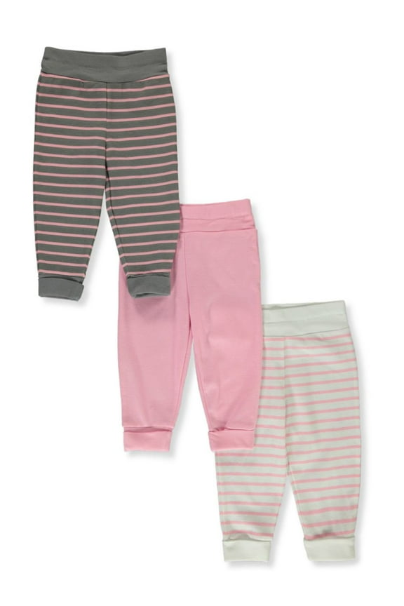 Baby Sweatpants, Ultimate Flexy Soft Stretch Joggers Boys & Girls, 3-Pack, Steel/Pink Stripe, 0-6 Months