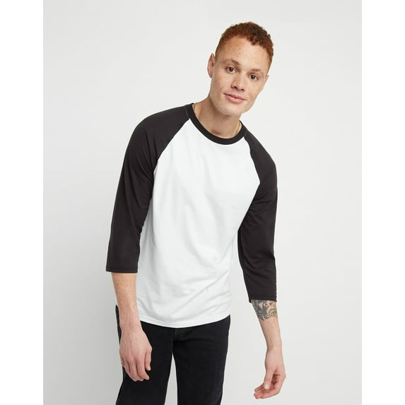 Hanes Baseball T-Shirt 3/4 Sleeve Cotton Originals Men's Tee Ribbed Crewneck