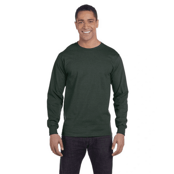 Hanes Beefy-T Long Sleeve Casual T-Shirt, Crewneck Everyday Casual Tee, Deep Forest, XL