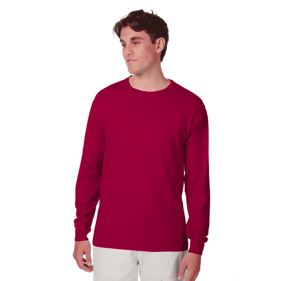 Hanes Beefy-T Long Sleeve Casual T-Shirt, Crewneck Everyday Casual Tee, Deep Red, XL