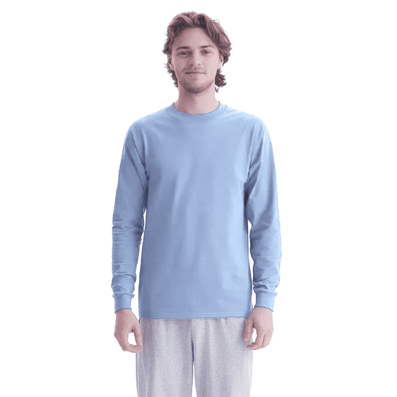 Hanes Beefy-T Long Sleeve Casual T-Shirt, Crewneck Everyday Casual Tee, Light Blue, XL