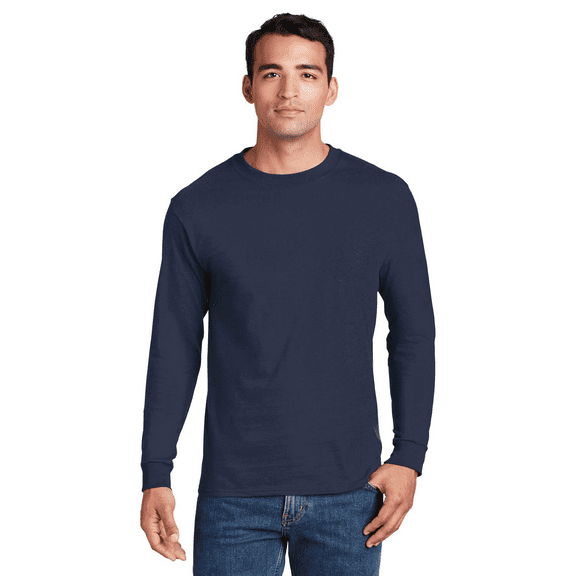 Hanes Beefy-T Long Sleeve Casual T-Shirt, Crewneck Everyday Casual Tee, Navy, XL