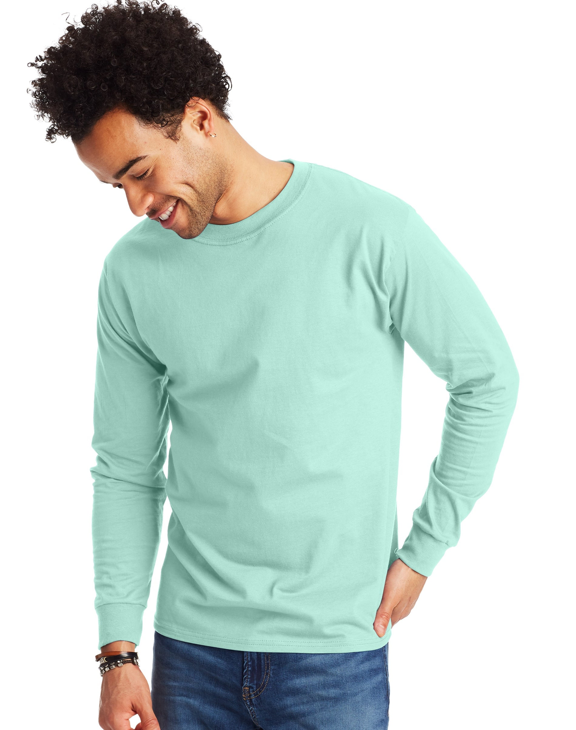 Hanes Beefy-T Long Sleeve T-Shirt - Light Blue, 100% Cotton, Relaxed Fit, Size Small