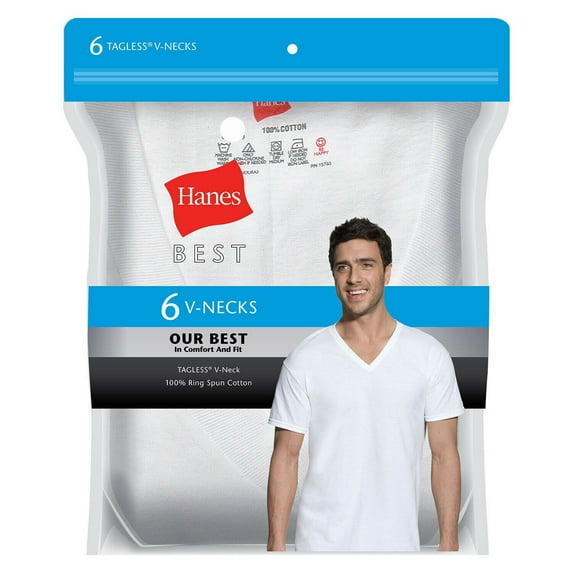 Hanes Best Men's Short Sleeve V-Neck Cotton Tagless T-Shirts, 6 Pack (White, L)