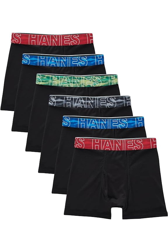 Hanes Big Boys' Performance Tween Boxer Brief, X-Temp Mesh Stretch Underwear, Black, 6-Pack