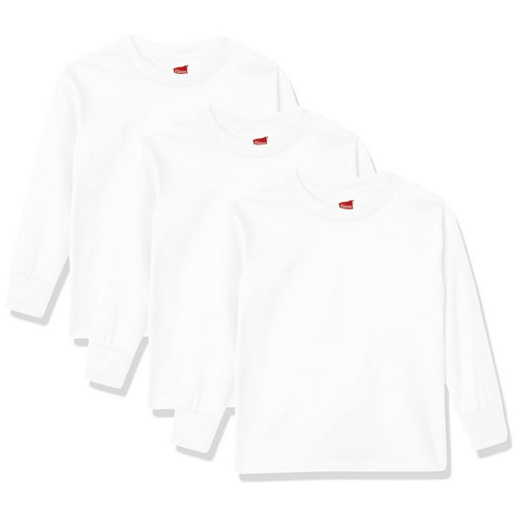 Hanes Boys' Big Tagless Long Sleeve Tee Pack of 3, White, XL