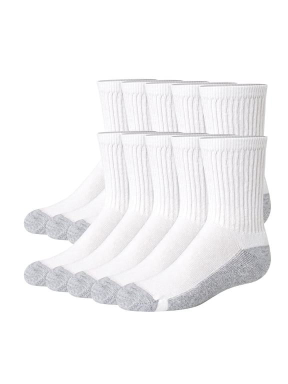 Boy's Uniform Crew Socks Pack, 10-Pack, Moisture-Wicking, Cushioned White/Grey/Green M