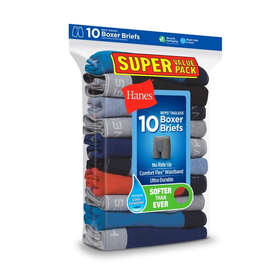 Hanes Comfort Flex Boys' Boxer Brief Underwear, 10-Pack Assorted 2XL