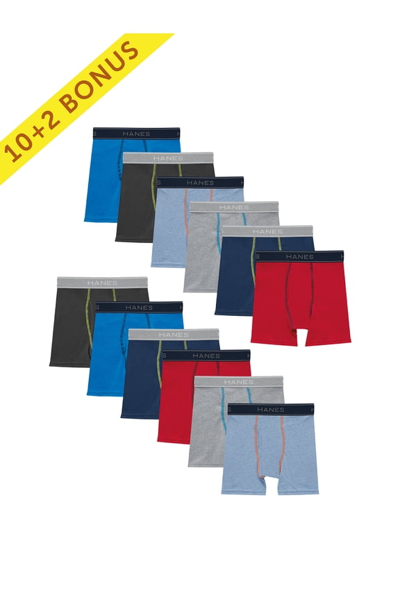 Boys' Cotton Boxer Briefs Assorted Solid Colors, 10+2 Bonus Pack