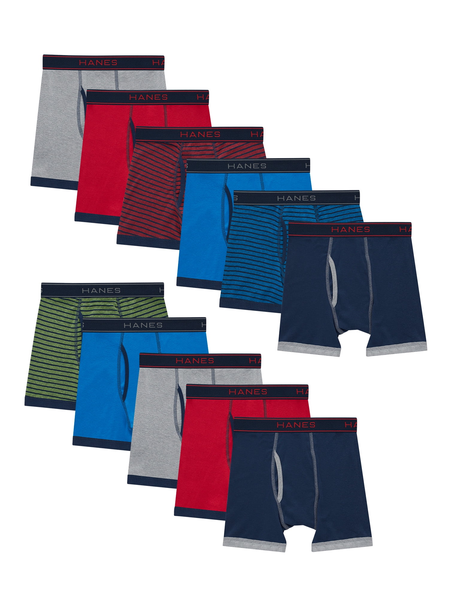 Hanes Boys' Cotton Boxer Briefs Assorted Solid Colors and Stripes, 10+1 Bonus Pack