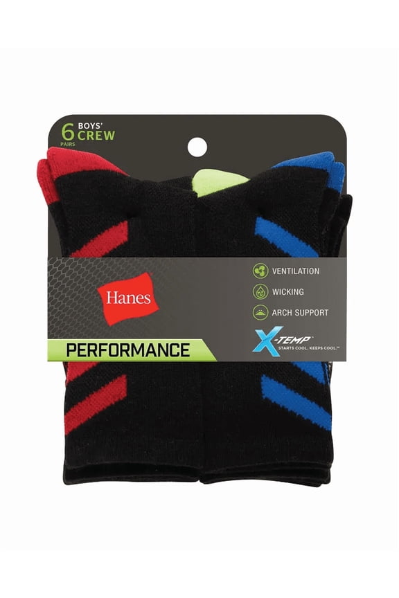 Boys' Performance Crew Socks Medium 6 Pack